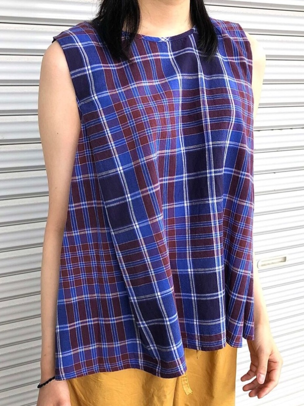 Muji Cotton Women’s Madras Purple Check/Plaid Crewneck Sleeveless Top Size L